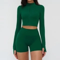 Ensemble de yoga deux pièces vert foncé pour femme avec veste zippée et short - 10/M / Hauts / Vert de Noël