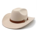 British vintage wide brim cowboy wool felt hat with brown leather belt and silver chain - M (56-58cm) / Off White