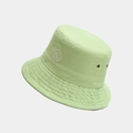 Detail of lime green cotton bucket hat featuring white S embroidery and metal eyelets - Grass Green