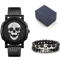 Detail of hip hop men's quartz watch set with skull relief dial and lava stone bracelets - Silver + Bracelet + Box