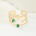 Celestial gold stainless steel open ring featuring sun moon motifs and green stones - Adjustable Open / Star Moon Green Stone