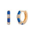 Detail of gold bamboo hoop earrings with blue enamel finish and white cubic zirconia - Dark Blue
