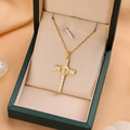 Fashion gold cross necklace with white rhinestones in a premium green velvet gift box - 9209 / Gold
