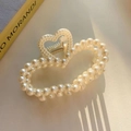 Elegante pinza per capelli a forma di cuore con perle color crema e finitura lucida - Stile Perla - Molletta A Cuore