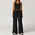 Zwarte yoga set voor dames met halter crop top en wijde broek met hoge taille en trekkoord - S / Vest+Broek-Premium Zwart