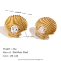 Detail view of 18K gold plated shell earrings with dimension labels and micro-inlays - Shell Texture Zirconia Stud Earrings - Gold - White Zirconia