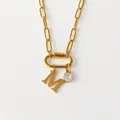 Gold plated stainless steel paperclip chain necklace with initial M and crystal charm - Letter M