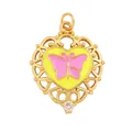 Goldener Herzanhänger mit gelbem Email, rosa Schmetterling und Zirkonsteinbesatz - Gelbes Herz Schmetterling