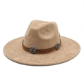 Faux suede western cowboy hat with turquoise beads on leather band, khaki cattleman crown - M (56-59cm) / Camel