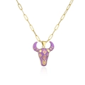 Collar de cadena de clip bañado en oro de 18K con colgante de toro en esmalte púrpura - Cabeza de Toro Oro Púrpura