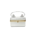 Silver mirror acrylic box clutch with gold lion head detail and clear top handle - Style 1 (Lion Head Handle) / Silver