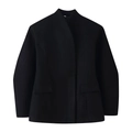 Abrigo de lana negro para mujer con cuello alto y bolsillos con solapa en blanco - S / Negro