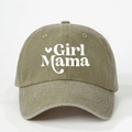Washed olive green baseball cap featuring Girl Mama print and heart icon design - One Size / Dark Khaki