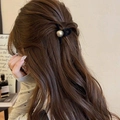 Elegant black velvet hair claw with large pearl bead, styled on long wavy brown hair - 21# Champagne-colored Flocked Small Claw Clip Approximately 4.5cm