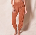 Detailed view of high waist elastic waistband on loose brick red harem yoga pants - S / Orange