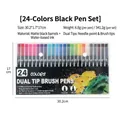 Lot de 24 feutres aquarellables à double pointe avec corps noir mat et pointe pinceau - 24 Couleurs (Corps Noir Boîte Rigide)