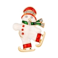 Detailed view of skating snowman Christmas brooch with red enamel and sparkling rhinestones - Skating Snowman