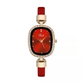 Macro detail of oval gold watch with red leather strap and sparkling rhinestones bezel - Red (Watch Only)