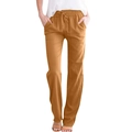 Detail of mustard yellow linen trousers featuring drawstring waist and functional side pockets - S / Orange