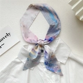 Artistic oil painting style 100% silk skinny scarf tied in a bow on a white shirt - 6x105cm / Landscape