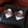 Silver color geometric diamond earrings with ripple texture on premium leather - Silver