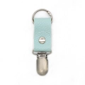 Detail of light blue lychee pattern PU leather travel hat clip with metal crocodile buckle - Lake Blue
