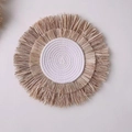 Bohemian wall decor with natural raffia fringes and white woven cotton spiral detail - Small Sun 36CM