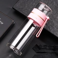 Pink double-layer glass water bottle featuring creative tea and water separation design - Pink 400ml