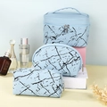 Three-piece marble pattern makeup bag set in blue PU leather with top handle - Blue Marble 3-Piece Set