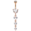 Rose gold navel ring with gradient heart-shaped clear cubic zirconia dangles - Style 22