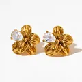 Goldene Edelstahl-Ohrstecker in Blumenform mit Tropfen-Zirkon-Einlage - Gold mit Weißem Zirkon (KDE2144)