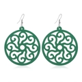 Detail view of green circular hollow wooden earrings with silver hooks on white background - #8 Green Round Geometric Hollow