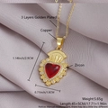 Golden cross pendant necklace with a red heart zircon and shiny gold plated copper finish - Gold Plated Heart Crown NZ06-8