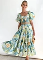 Detail of layered tiered skirt and brown square buckle belt on polka dot dress - S / Matte Green Circles