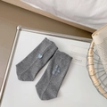 Dark grey knit crew socks for women with blue heart embroidery and frilly cuffs - Medium Grey