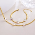 Elegante gouden slangenketting en armband set met kleurrijke vierkante edelsteen bedels - Ketting + Armband
