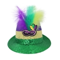 Chapeau de jazz Mardi Gras avec paillettes violettes vertes dorées et plumes - Taille unique / Masque B amélioré (avec décoration de plumes)