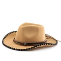 Camel felt western cowboy hat with beaded band, feather pendant, and stitched edge - M(56-58cm) / Camel Black Trim