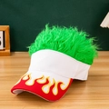White baseball cap with red flame embroidery and green synthetic wig hair detail - White + Green Hair