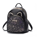 Black mini backpack with sparkly sequin front pocket and cute rhinestone cat ears - Black