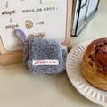 Plush grey AirPods pouch with purple strap, soft fuzzy texture storage bag for earphones - Short Strap Plush Grey