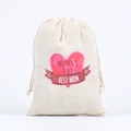 Linen drawstring hangover kit bag in beige with red heart and Best Mom print - MOTHER'S DAY / 10*15cm
