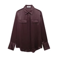 Elegante camisa de satén de manga larga en color burdeos con solapa y bolsillos de pecho - XS / Marrón Rojizo