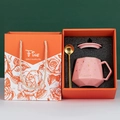 Pink ceramic faceted mug with lid and gold spoon in a premium orange gift box set - Pink Diamond Starry Sky Mug Orange Gift Box