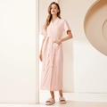 Albornoz largo rosa claro de nido de abeja con ribetes blancos y cinturón para mujer - M / Mujer Manga Corta / Rosa Claro