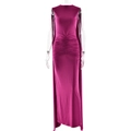 Elegant purple sleeveless maxi dress with front pleats and cape back for evening parties - S / Fuschia