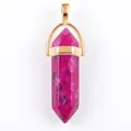 Pink purple hexagonal crystal pillar pendant with a gold metal clasp on white background - Gold O-Chain / Tianshan Blue With Rose Red