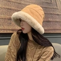 Winter plush bucket hat in khaki and cream white faux fur trim for warmth and comfort - M (56-58cm) / Mongolian Hat Khaki