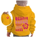 Yellow kids hoodie featuring Wild Wave 1971 floral back print and cozy ribbed cuffs - 100cm / Yellow (Pink Print)