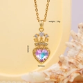 Gold crown necklace with iridescent purple heart crystal and micro-paved cubic zirconia - Heart Crown Gold 402